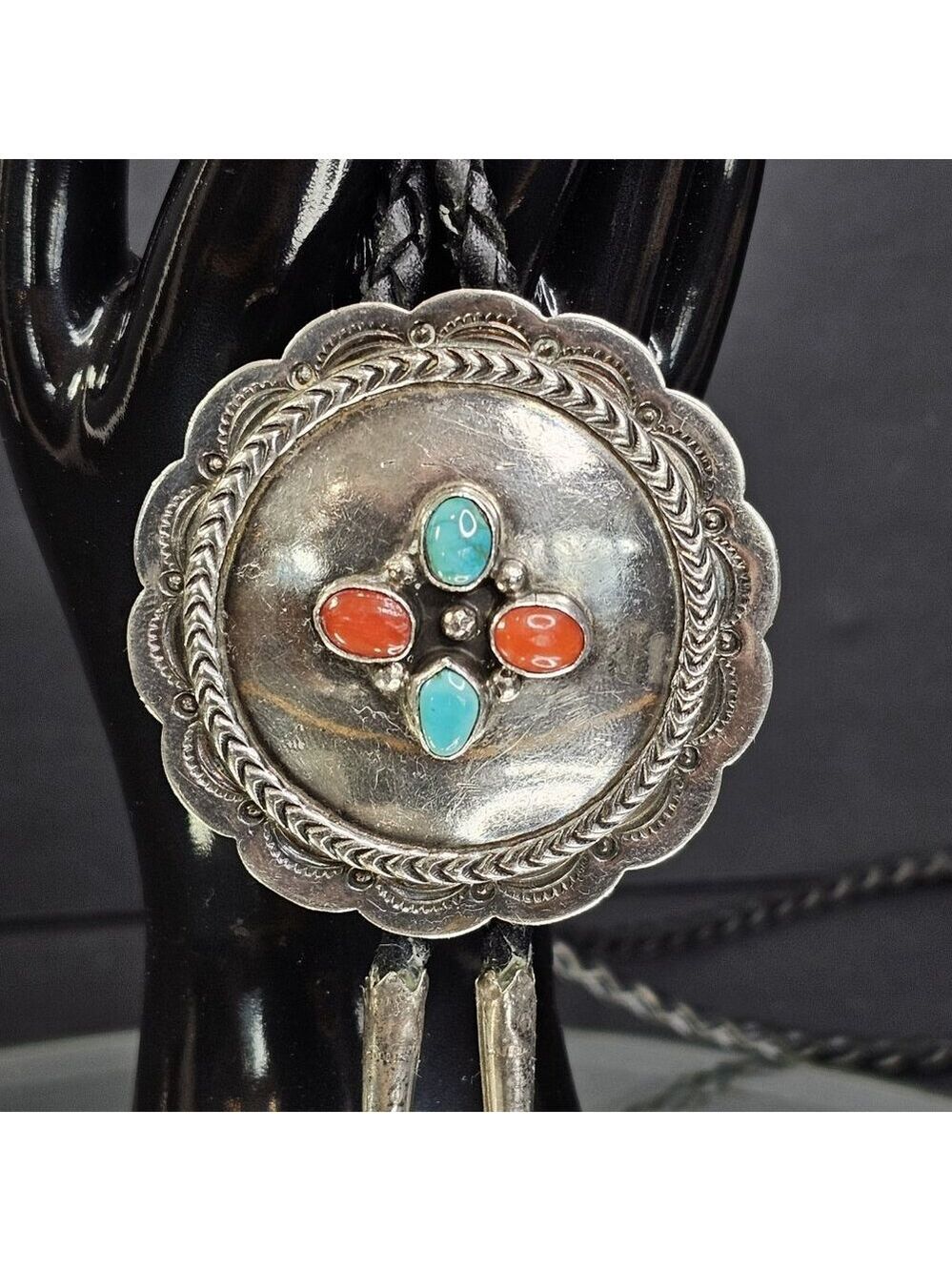 Navajo Turquoise And Coral Sterling Silver Bolo Tie Native American Vintage - Picture 2 of 11